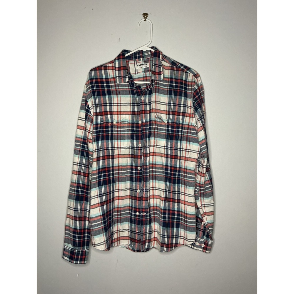 Express Mens Plaid Button Up Shirt Long Sleeve Navy Red White Large L